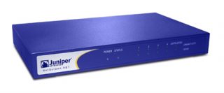 Blue Juniper Networks NetScreen-5GT Security Appliance with indicator lights for Power, Status, Console, Trust, Untrust, and Ethernet, on a white background.