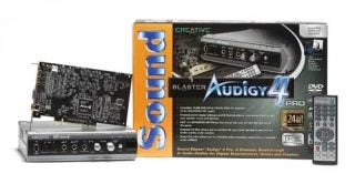 Creative Audigy 4 Pro sound card product packaging with external I/O hub, remote control, and sound card components displayed.