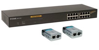 D-Link DES-1316K Power over Ethernet switch with two splitters.