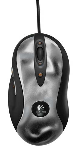 Close-up of the Logitech MX518 Gaming Mouse, highlighting its sleek design with programmable buttons and distinct Logitech branding.