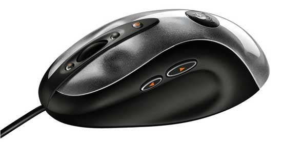 Close-up of the Logitech MX518 Gaming Mouse showing its sleek black design with programmable buttons and contoured shape for ergonomic grip.