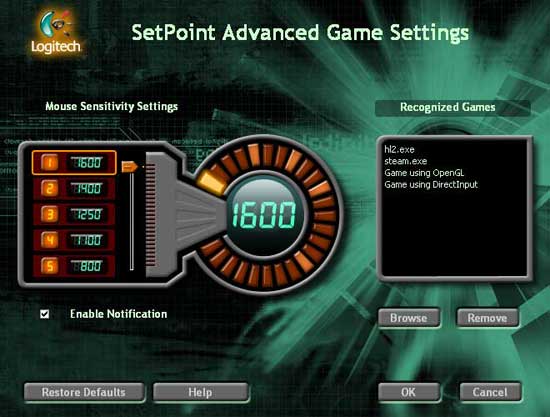 Screenshot of Logitech SetPoint Advanced Game Settings software interface showing mouse sensitivity settings and a list of recognized games for the Logitech MX518 Gaming Mouse.