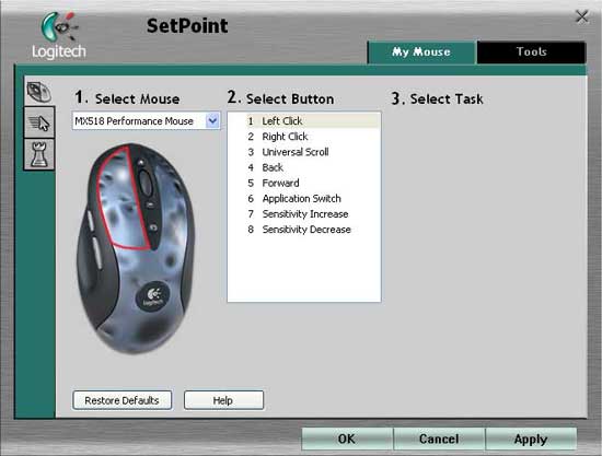 Interface screenshot of Logitech SetPoint software showing customization options for the Logitech MX518 Gaming Mouse with button mapping and task assignment features displayed.