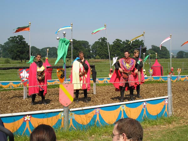 Four performers dressed in medieval knight costumes standing in front of colorful shields and banners at a themed event, possibly captured with an Olympus C-180 camera.