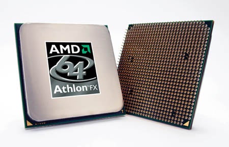 AMD Athlon FX-57 processor with logo, showing the front and back of the CPU against a white background.