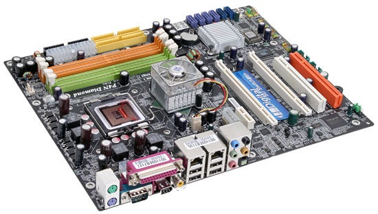 MSI P4N Diamond motherboard with Pentium support and SLI capability, featuring multiple expansion slots, RAM slots, and rear I/O ports.