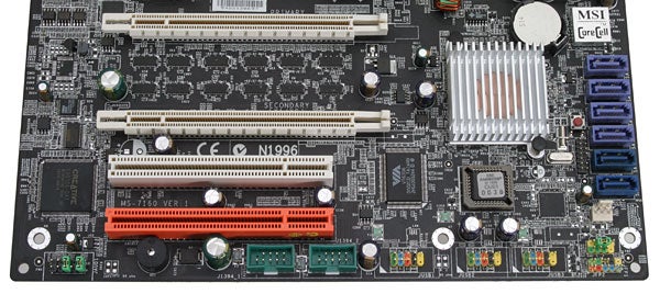 Close-up view of the MSI P4N Diamond - Pentium SLI Motherboard highlighting its slots, ports, and chipsets.