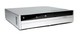 Product image of Hi-Grade DMS II Media Center PC showing its front panel with DVD drive and control buttons, placed against a white background.