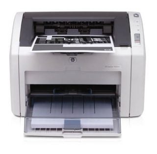 HP LaserJet 1022nw printer with output tray extended and a printed document emerging from the top.