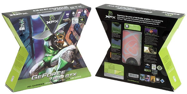 Product packaging for XFX GeForce 7800 GTX Graphics Card, showing the front with branding and graphics, and the back with product features and specifications.