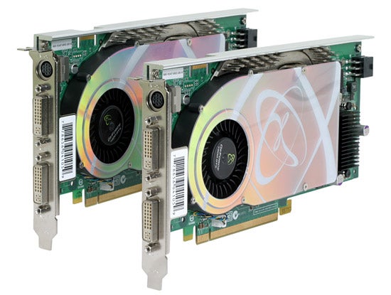 Two XFX GeForce 7800 GTX graphics cards with SLI bridge connection showing their detailed designs and cooling fans.