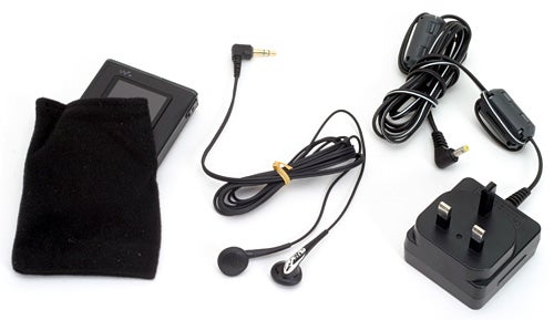 Sony NW-HD5 Walkman and accessories including earphones, charging cable, and power adapter displayed on a white background.