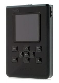 Black Sony NW-HD5 Walkman with a display screen and control buttons visible, including play and volume controls.