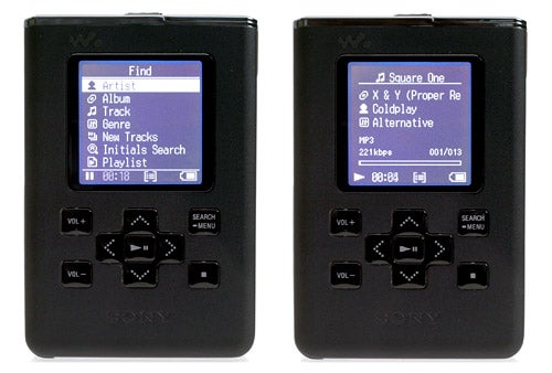 Front view of two Sony NW-HD5 Walkman devices showing the interface with a list of music tracks on the left screen and currently playing song details on the right screen.