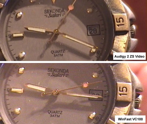 Comparison of video capture quality showing the same wristwatch captured with Audigy 2 ZS Video Editor and another device, highlighting differences in clarity and color.Close-up comparison of two optical discs with reflections, labeled 'Audigy 2 ZS Video' and 'WinFast VC100,' possibly highlighting differences in disc quality or recording results.