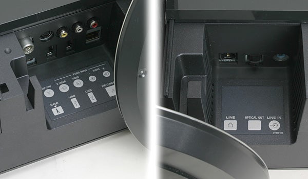 Close-up view of the Sony VAIO VGC-V3M Media PC's connectivity ports and labels including audio, video inputs, and outputs.