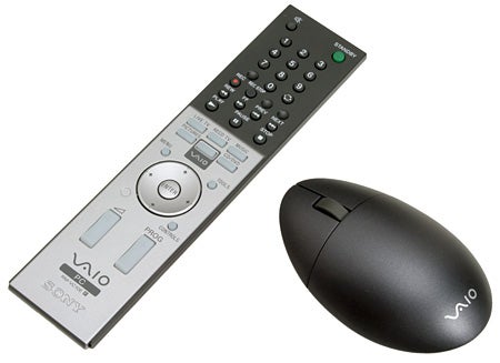 Sony VAIO VGC-V3M media PC remote control and wireless mouse on a white background.