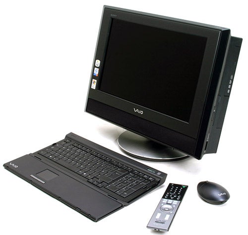 Sony VAIO VGC-V3M Media PC with display, keyboard, mouse, and remote control on a white background.