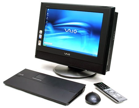 Sony VAIO VGC-V3M Media PC set up featuring the desktop monitor with VAIO wallpaper, keyboard, mouse, and remote control on a white background.