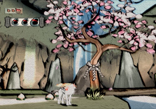 An in-game screenshot from Okami, featuring the main character, Amaterasu, in front of a cherry blossom tree and rocky landscape, possibly captured using the HP Photosmart R717 Digital Camera.