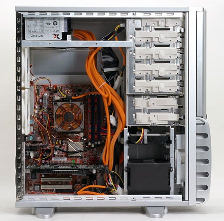 Interior view of the Gigabyte 3D Aurora GZ-FSCA1-AN Case showing the motherboard, power supply, and cable management.