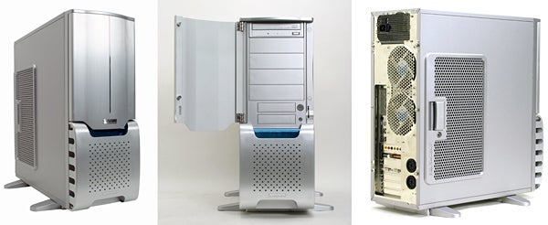 Three views of the Gigabyte 3D Aurora GZ-FSCA1-AN Case, showcasing the exterior design from the front, side, and rear angles.