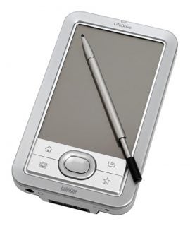 PalmOne LifeDrive Mobile Manager PDA with stylus on screen, featuring navigation button and branding on the front bezel.