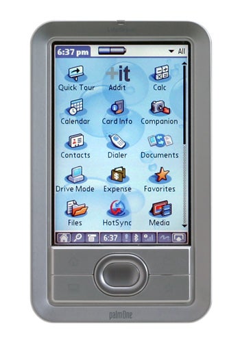 Photo of a palmOne LifeDrive Mobile Manager PDA showing its screen with various application icons such as Calendar, Contacts, and Media.