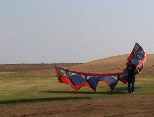 A person holding a large colorful kite on a grassy field under a clear sky, possibly demonstrating image quality of the HP Photosmart M22 Digital Camera.