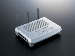 Product image of the Buffalo AirStation MIMO Wireless Cable/DSL Broadband Router, showing its front and side with three antennas and multiple ports.