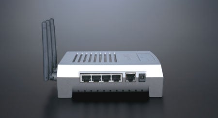 Buffalo AirStation MIMO Wireless Cable/DSL Broadband Router with multiple antennas displayed against a gradient background, highlighting its ports and overall design.