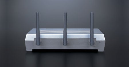 Front view of the Buffalo AirStation MIMO Wireless Cable/DSL Broadband Router showing its three antennas and sleek design on a dark background.