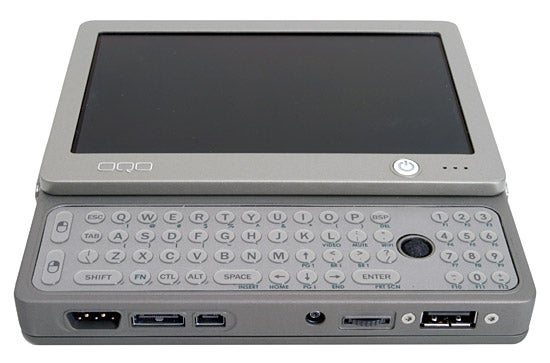 Frontal view of the OQO model 01 Pocket Size PC featuring the slide-out QWERTY keyboard and the display screen with the device’s logo visible on the top left corner.