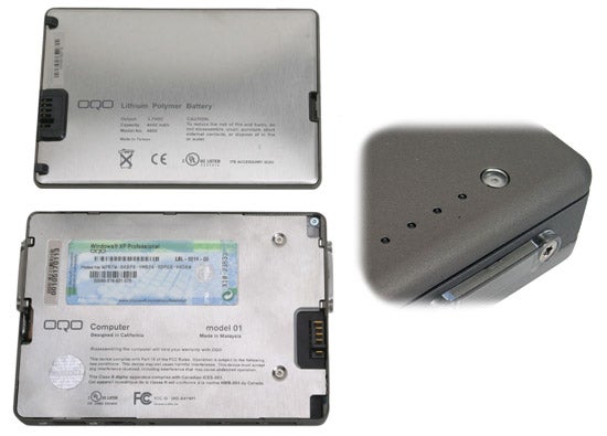 Top and bottom view of OQO model 01 pocket-size PC showing the battery and the label with specifications on the back of the device.