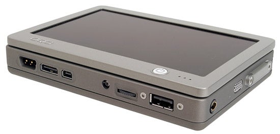 OQO Model 01 pocket size PC displayed against a white background showing its screen and various ports on the side.