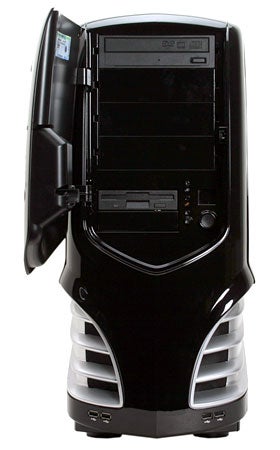 Alienware Aurora Star Wars Edition desktop computer with the case front panel open, revealing CD/DVD drive bays and front ports.
