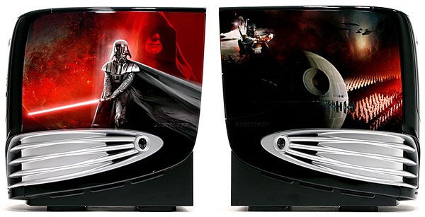 Alienware Aurora Star Wars Edition desktop computer cases with themed illustrations from the Star Wars franchise; one case featuring a red lightsaber-wielding character on a dark background, and the other displaying a space battle scene.