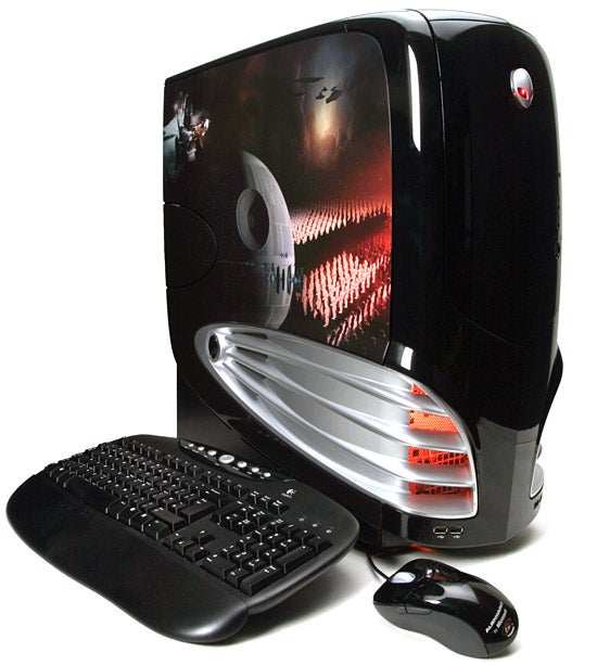 Alienware Aurora Star Wars Edition desktop computer with custom graphic on the case, accompanied by a keyboard and mouse.