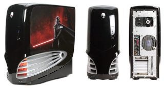 Three views of the Alienware Aurora Star Wars Edition computer; the left shows the side panel with a graphic of Darth Vader, the center image displays the front view of the tower, and the right image reveals the rear panel with various input-output ports.