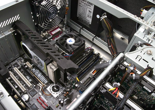 Interior view of an Alienware Aurora Star Wars Edition computer showing the detailed arrangement of the CPU, graphics card, RAM, and power supply.