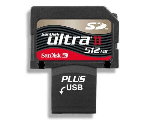 SanDisk Ultra II Plus USB SD card with a 512 MB capacity, featuring a unique design with both SD card and USB connector for versatile usage.