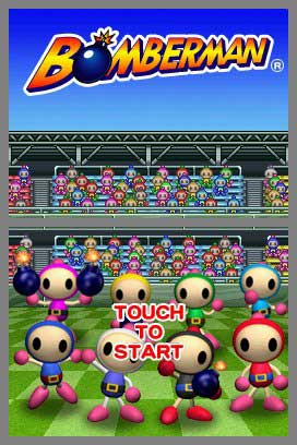 Promotional image for Bomberman DS video game showing cartoonish characters in an arena with the message 'Touch to Start' displayed onscreen.