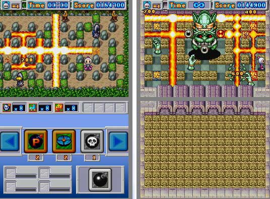 Four gameplay screenshots of Bomberman DS, showcasing different levels and the user interface with score, time, and power-up displays.