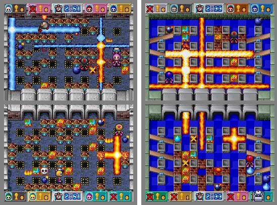 Four screenshots of the Bomberman DS game, showing various levels with different mazes, power-ups, and Bomberman characters placing bombs and navigating through the obstacles.