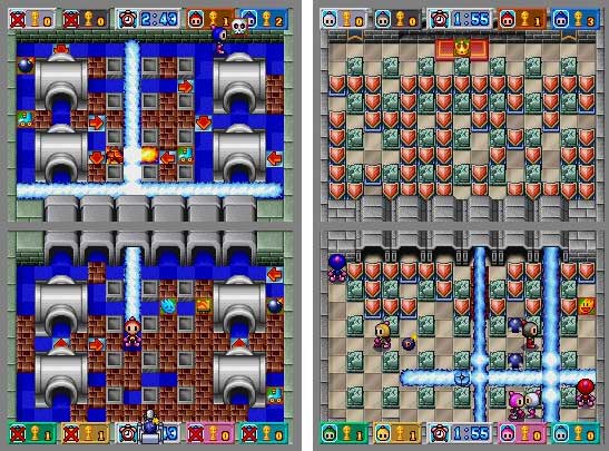 Split-screen screenshots from the Bomberman DS game showing two stages with the player navigating through mazes to avoid enemies and place bombs.