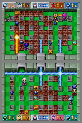 Screenshot of the Bomberman DS gameplay showing characters laying bombs and destroying blocks on a grid map.