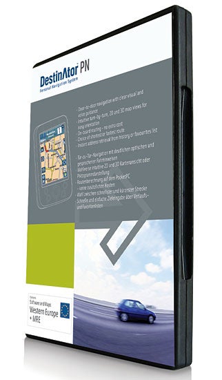 Packaging box of Destinator PN - PDA Personal Navigation Software featuring a graphic of a car on a road and key features listed on the back.