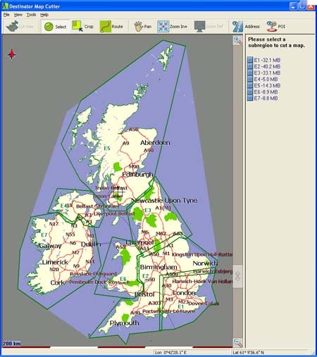 Screenshot of Destinator PN - PDA Personal Navigation Software interface showing a map-cutter tool with a focus on the UK and Ireland region.