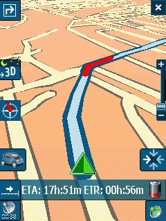 Screenshot of Destinator PN - PDA Personal Navigation Software displaying 3D map navigation with ETA and ETR indicators.