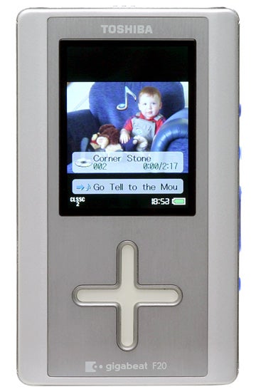 Toshiba Gigabeat F20 Portable Audio Player with a display screen showing a child and music track details.